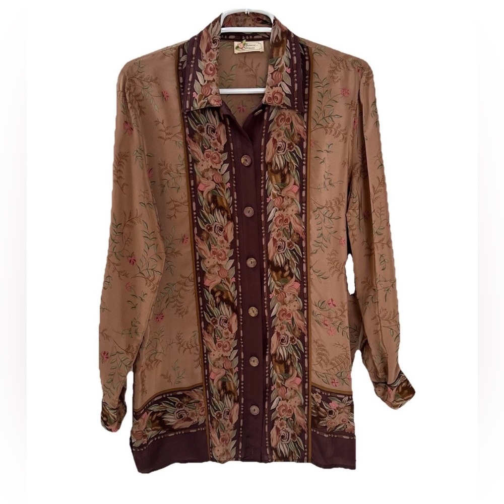 Bonnie Strauss VTG 100% Silk Romantic Botanical Ethereal Floral Brown Blouse-5